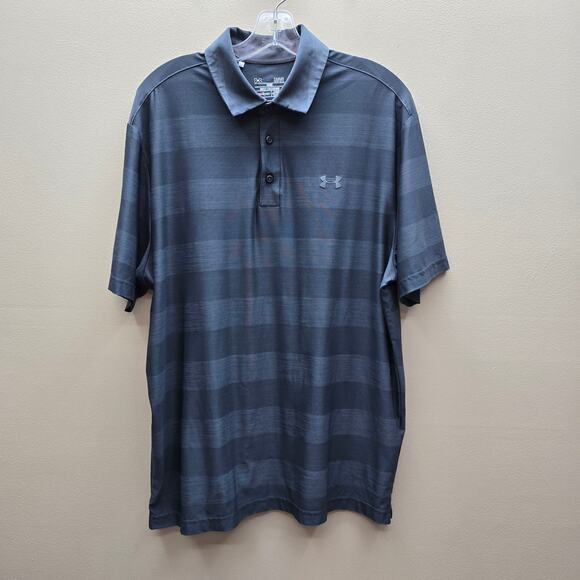 Under Armour Men’s Heatgear Polo Shirt Loose Striped Sports Logo Golf Gray Large - Picture 1 of 4
